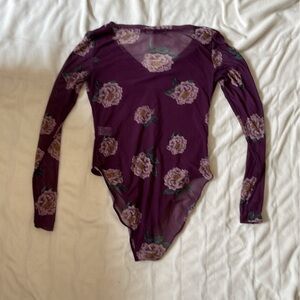 Derek Heart Floral Sheer Mesh Long Sleeve Bodysuit